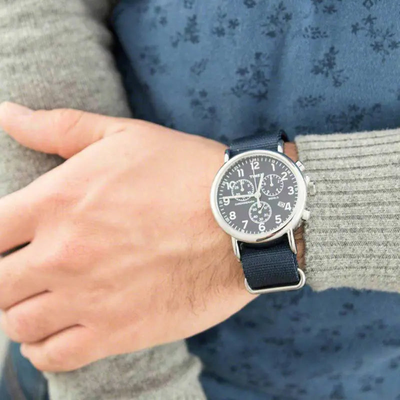 Timex Weekender Classic Tw2p71300 - Men's Blue Fabric & Brass Chronograph Watch With Indiglo Night-Light