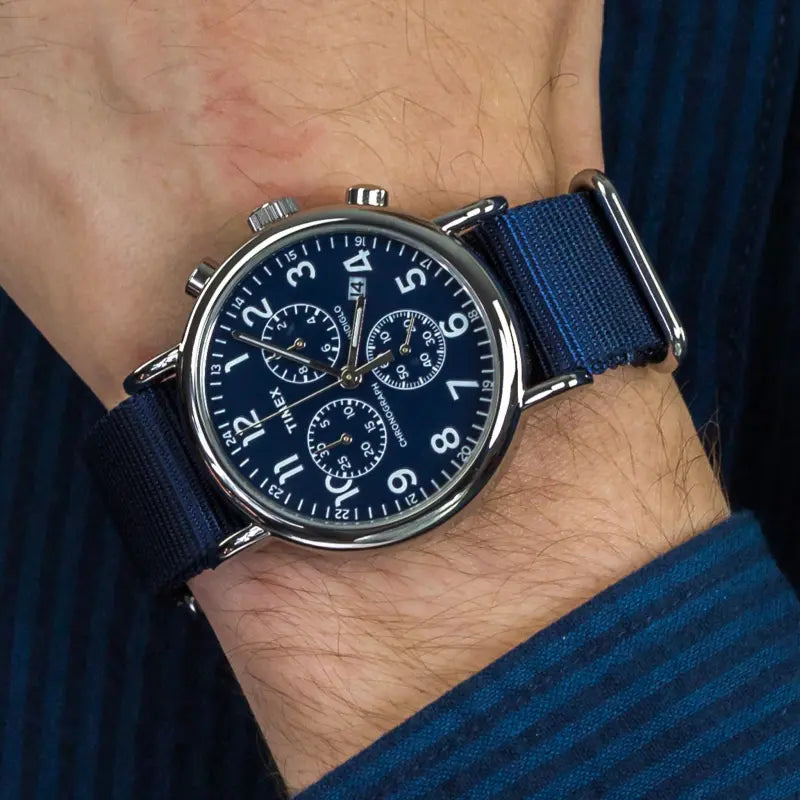 Timex Weekender Classic Tw2p71300 - Men's Blue Fabric & Brass Chronograph Watch With Indiglo Night-Light