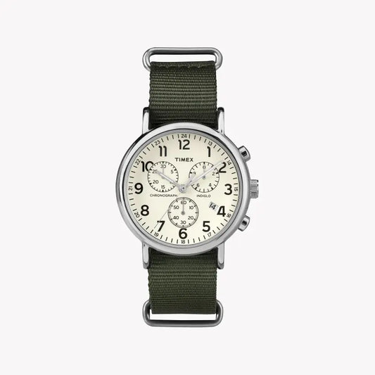 Timex Weekender Tw2p71400 Classic - Men's Green Fabric & Off White Dial Watch With Indiglo
