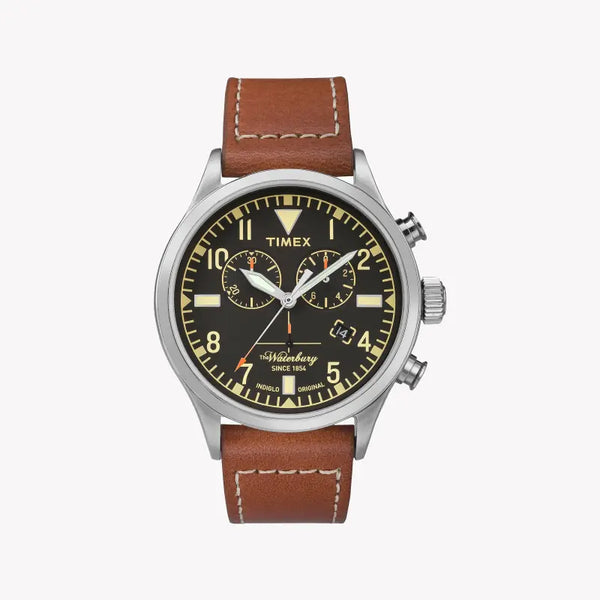 Timex Men's Brown Leather Watch, Black Dial | Tw2p84300