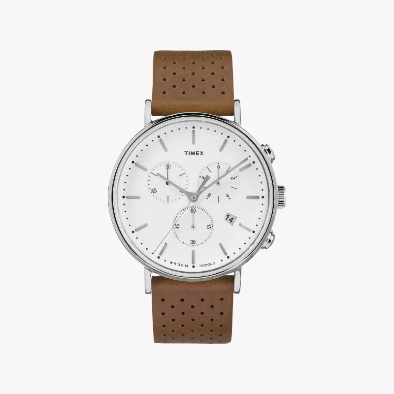 TIMEX TW2R26700 FAIRFIELD - MONTRE POUR HOMMES EN CUIR BRUN ÉLÉGANT ET CADRAN BLANC avec veilleuse INDIGLO