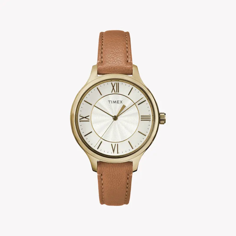 Montre pour femme TIMEX avec boîtier en laiton doré et bracelet en cuir marron