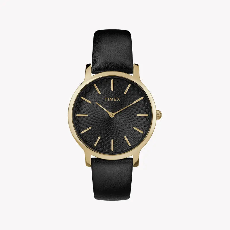 Timex Women's Black Leather Watch, Gold Case | Tw2r36400