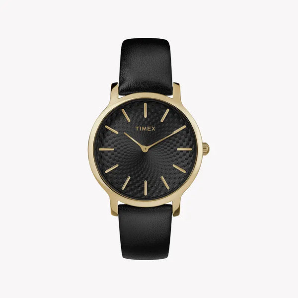Timex Women's Black Leather Watch, Gold Case | Tw2r36400
