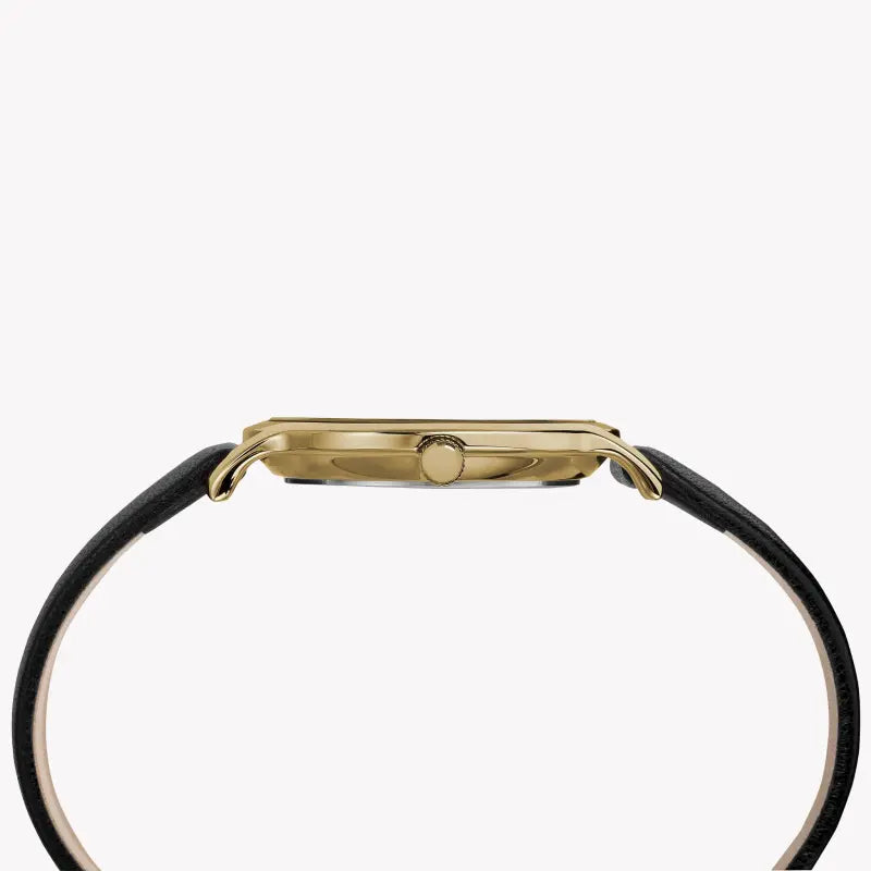 TIMEX Damenuhr mit goldenem Messinggehäuse und schwarzem Lederarmband