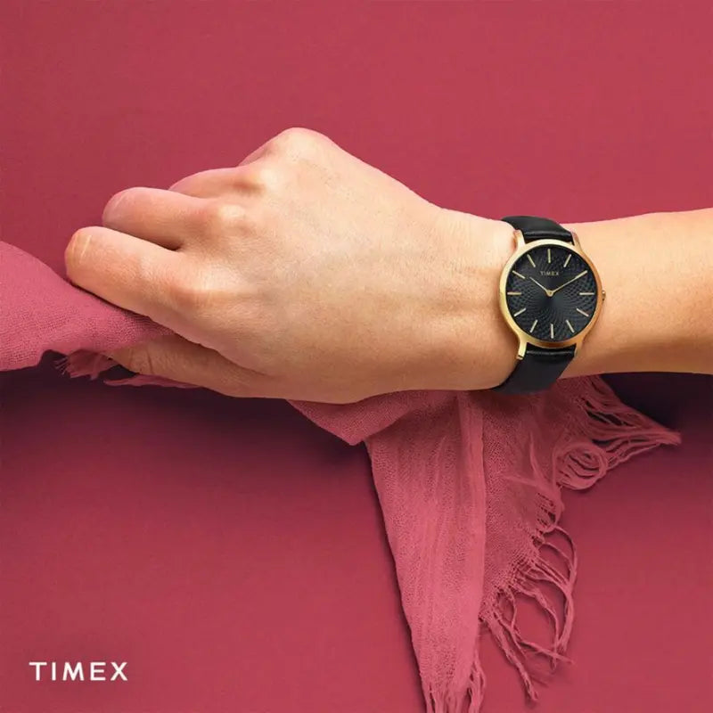 Timex Women's Black Leather Watch, Gold Case | Tw2r36400