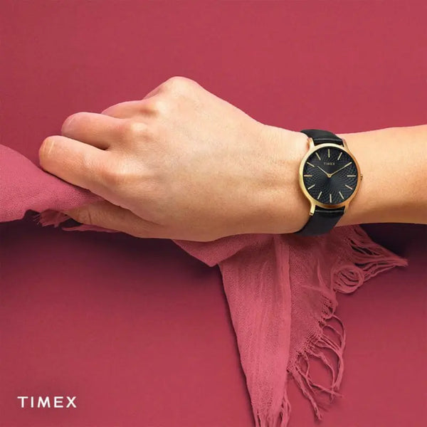 Timex Women's Black Leather Watch, Gold Case | Tw2r36400