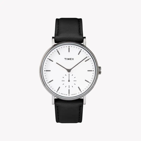 Timex Men's Black Leather Watch, White Dial | Tw2r38000