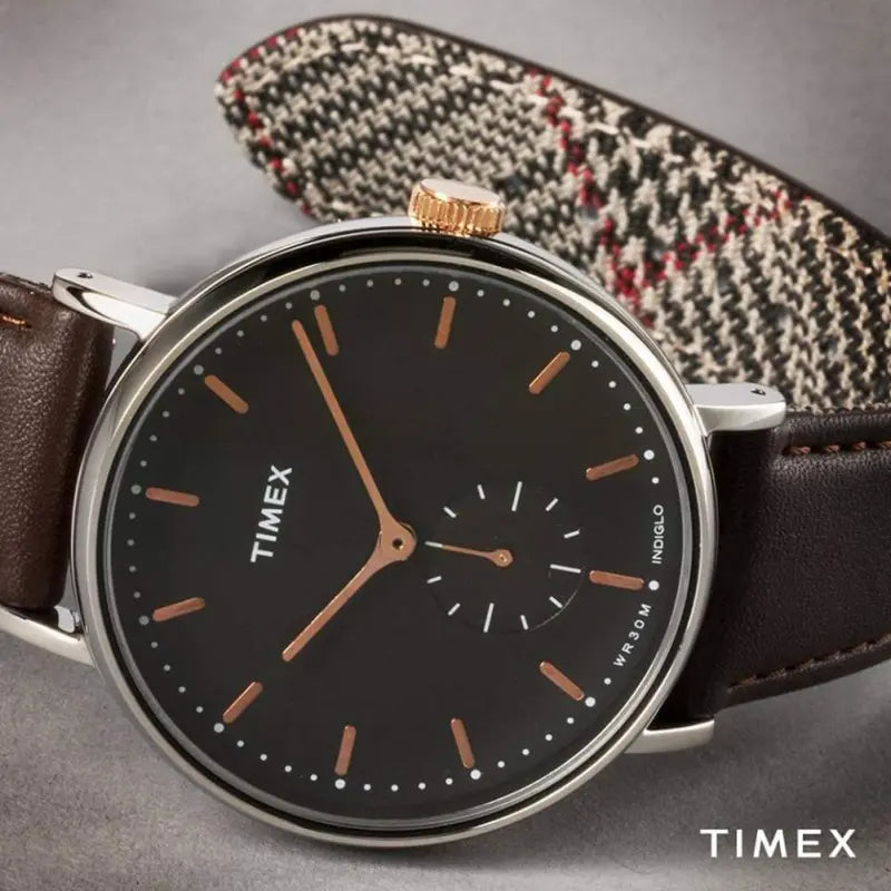 Timex Men's Brown Leather Watch, Black Dial | Tw2r38100
