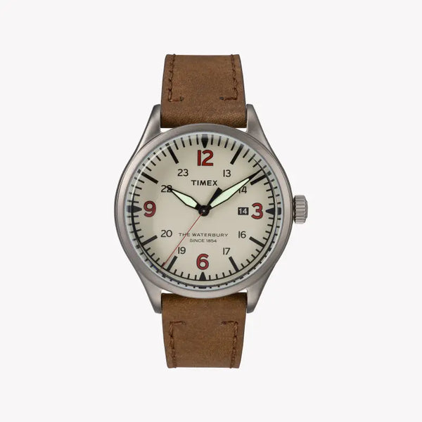 Timex Men's Brown Leather Watch, Off White Dial | Tw2r38600