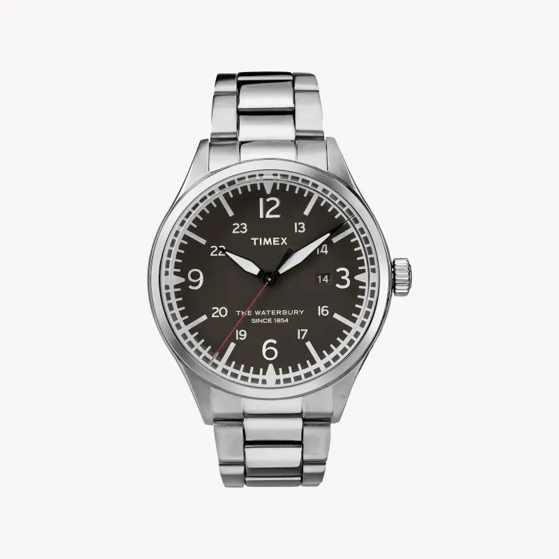 TIMEX TW2R38700 Heritage Waterbury Montre pour homme – Acier inoxydable argenté et cadran noir, veilleuse INDIGLO