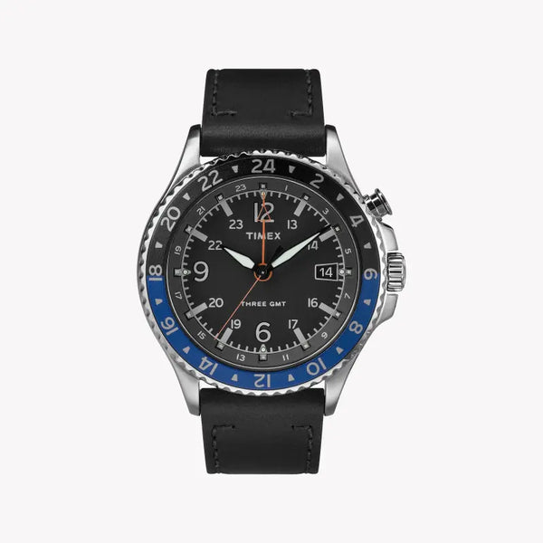Timex Men's Black Leather Watch, Black Dial | Tw2r43600
