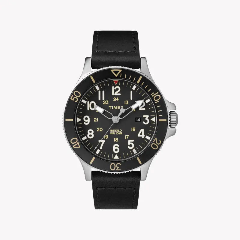 TIMEX Military Allied TW2R45800 - ساعة جلدية سوداء متينة للرجال مع ضوء ليلي INDIGLO
