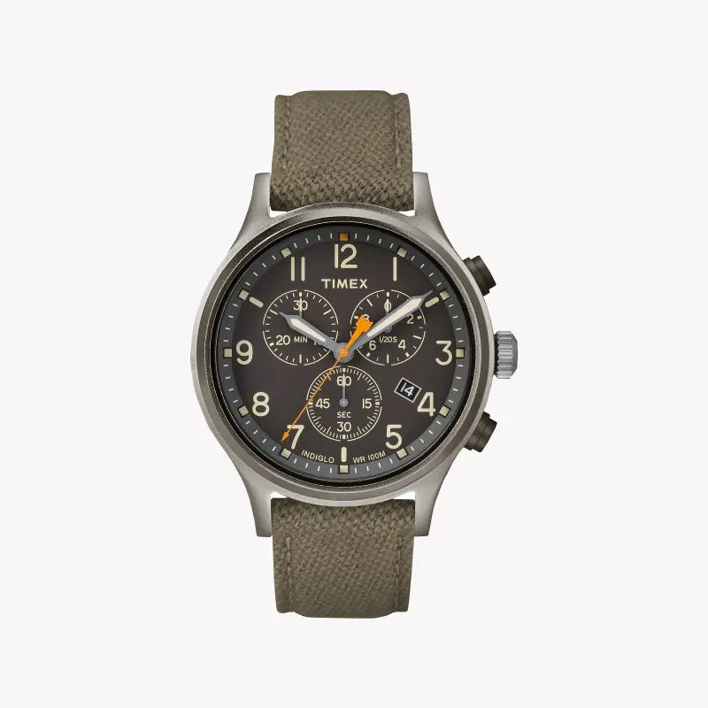 TIMEX Military Allied TW2R47200 – Herrenuhr aus Messing mit grünem Stoffband und schwarzem Zifferblatt