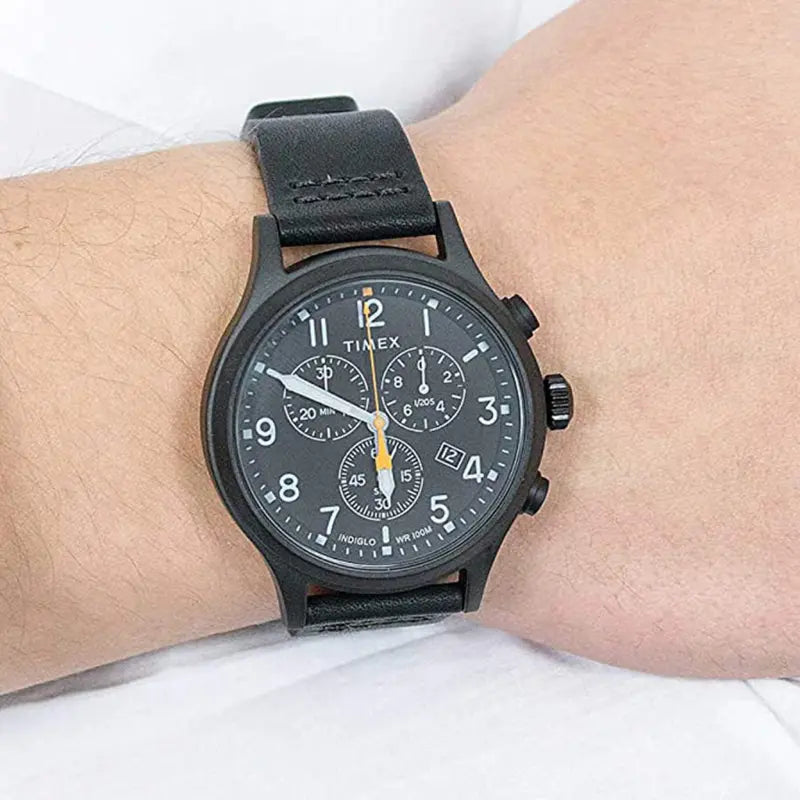 Timex Men's Black Leather Watch, Black Dial | TW2R47500