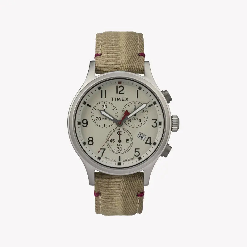 TIMEX Military Allied TW2R60500 – Herren-Chronographenuhr aus Messing mit hellbraunem Stoffarmband und INDIGLO-Nachtlicht