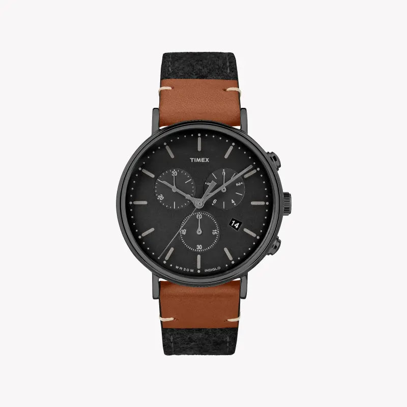 TIMEX Fairfield Essential TW2R62100 - Montre chronographe unisexe en tissu noir et laiton avec veilleuse INDIGLO