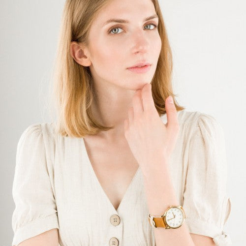 Timex Women's Brass Watch, Off White Dial, Tan Leather | TW2R62700