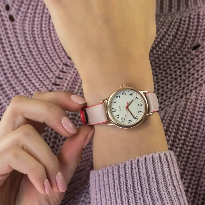 Timex Women's Watch With Rose Gold Brass Case And Pink Leather Band