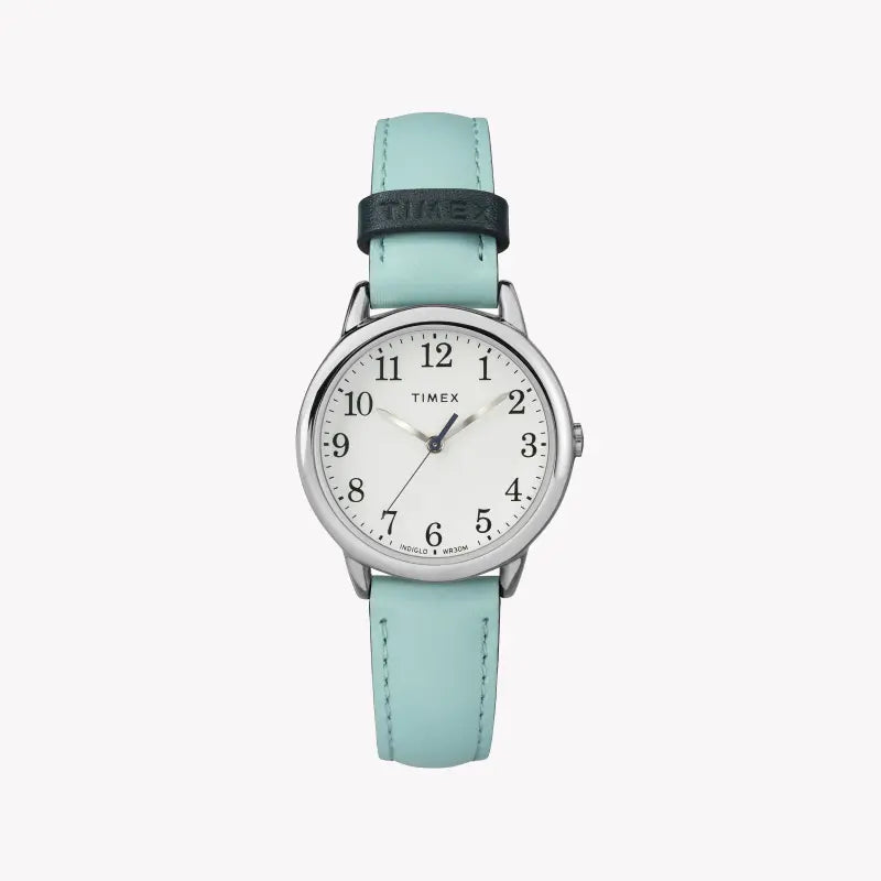 TIMEX Damenuhr mit silbernem Messinggehäuse und hellblauem Lederarmband