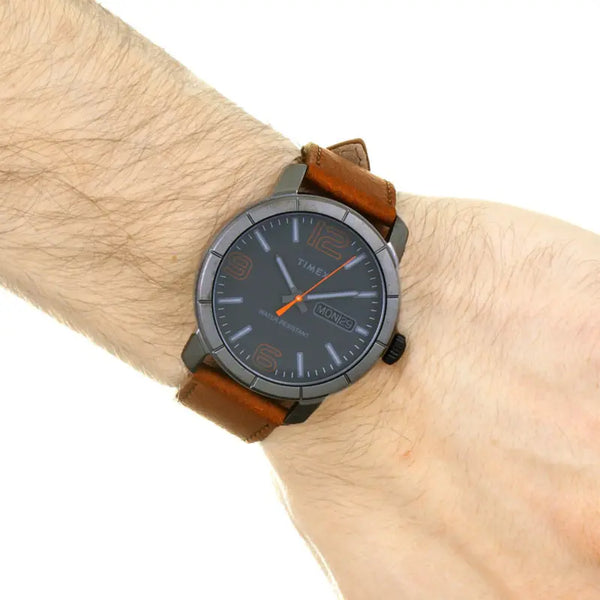 Timex Men's Brown Leather Watch, Gray Dial | Tw2r64000