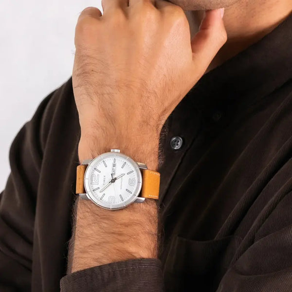 Timex Men's Tan Leather Watch, White Dial | Tw2r64100