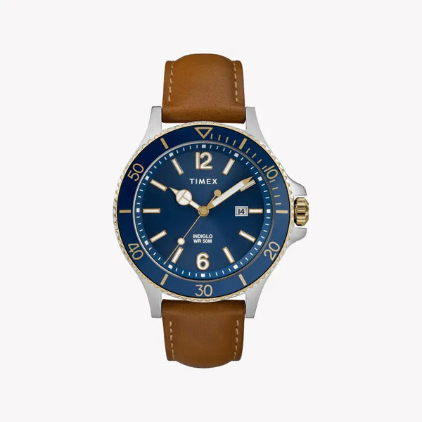Timex Men's Brass Watch, Blue Dial, Tan Leather | Tw2r64500