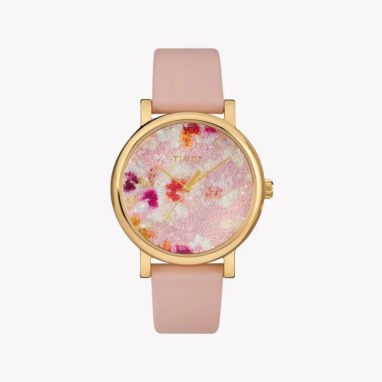 Timex Women's Pink Leather Watch, Brass Case | TW2R66300
