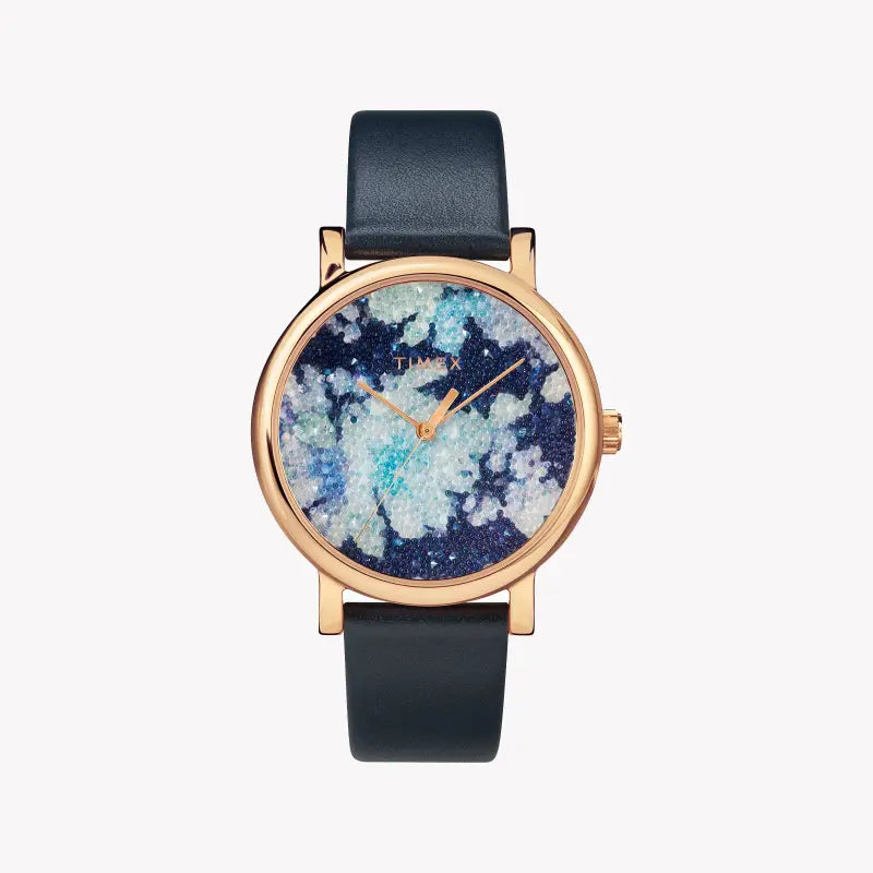 TIMEX Damenuhr mit roségoldenem Messinggehäuse und blauem Lederarmband