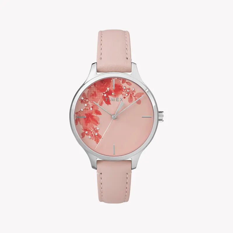 TIMEX Damenuhr mit silbernem Messinggehäuse und rosafarbenem Lederarmband