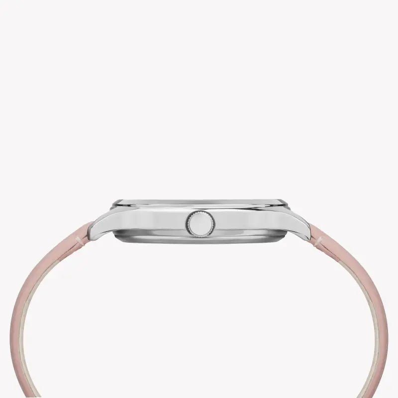 TIMEX Damenuhr mit silbernem Messinggehäuse und rosafarbenem Lederarmband