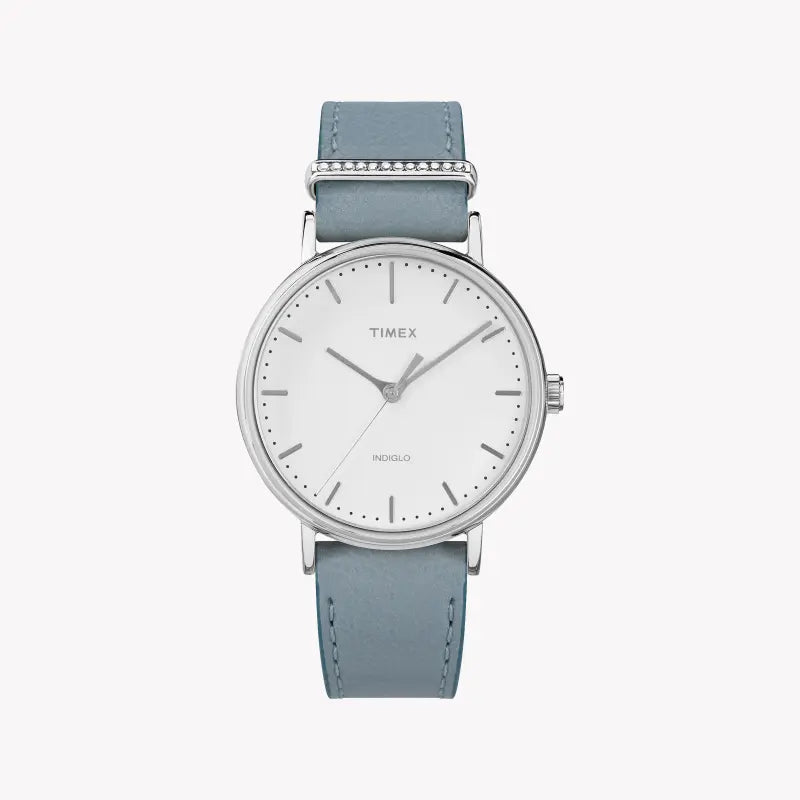 Timex Women's Blue Leather Watch, White Dial | TW2R70300