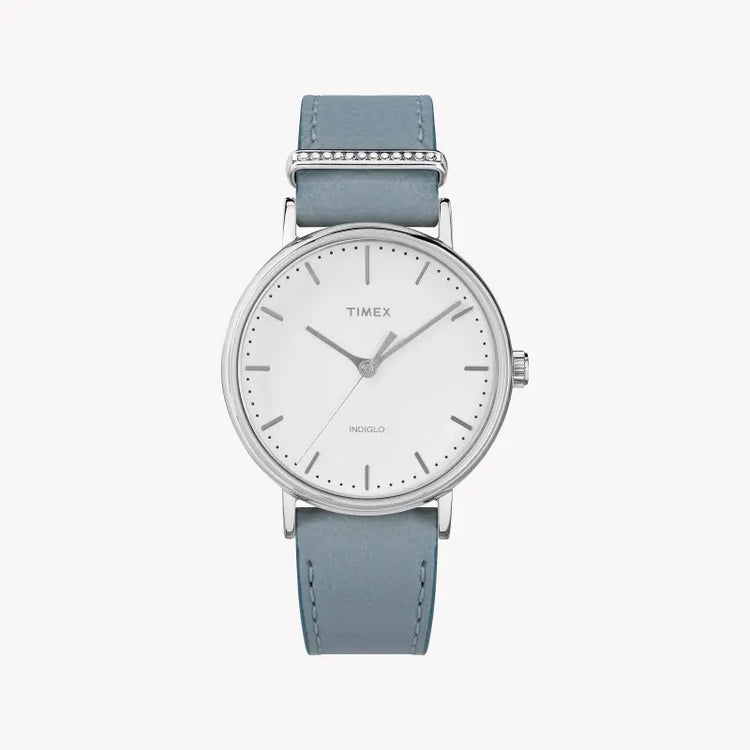 Timex Women's Blue Leather Watch, White Dial | TW2R70300