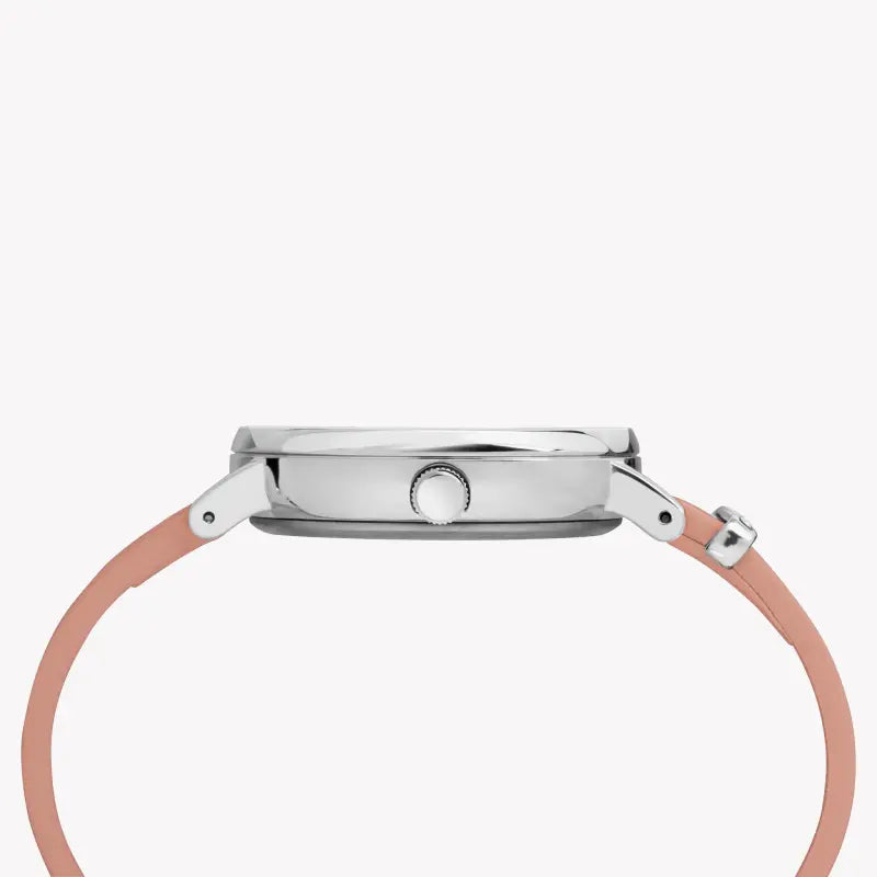 ساعة TIMEX النسائية مع هيكل من النحاس الفضي وسوار من الجلد الوردي