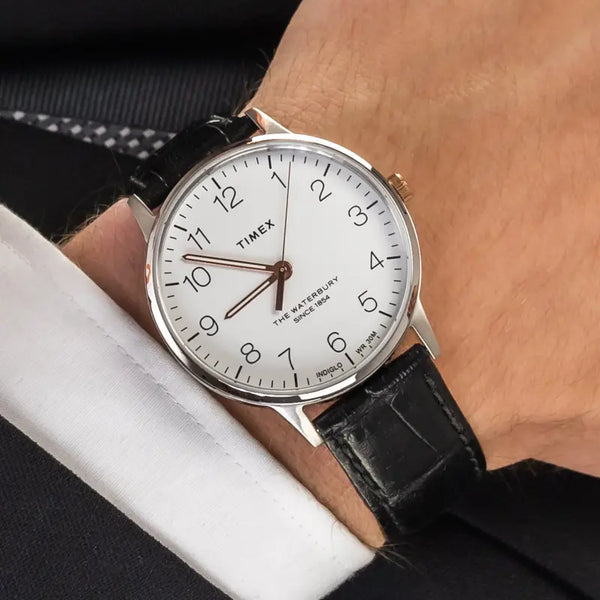 Timex Men's Black Leather Watch, White Dial | Tw2r71300