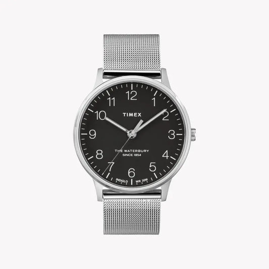 ساعة TIMEX Heritage Waterbury TW2R71500 - ساعة رجالية من الستانلس ستيل باللون الفضي مع مينا أسود وإضاءة ليلية من INDIGLO