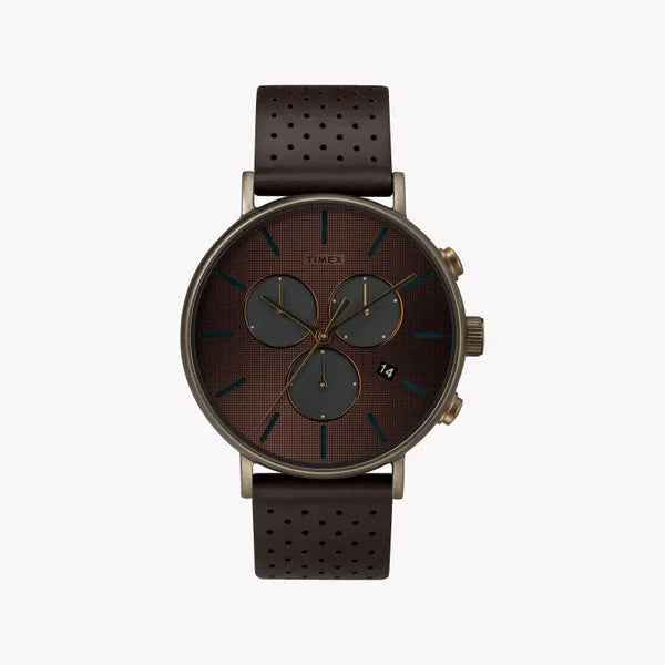 Timex Men's Brown Leather Watch, Gold Dial | Tw2r80100
