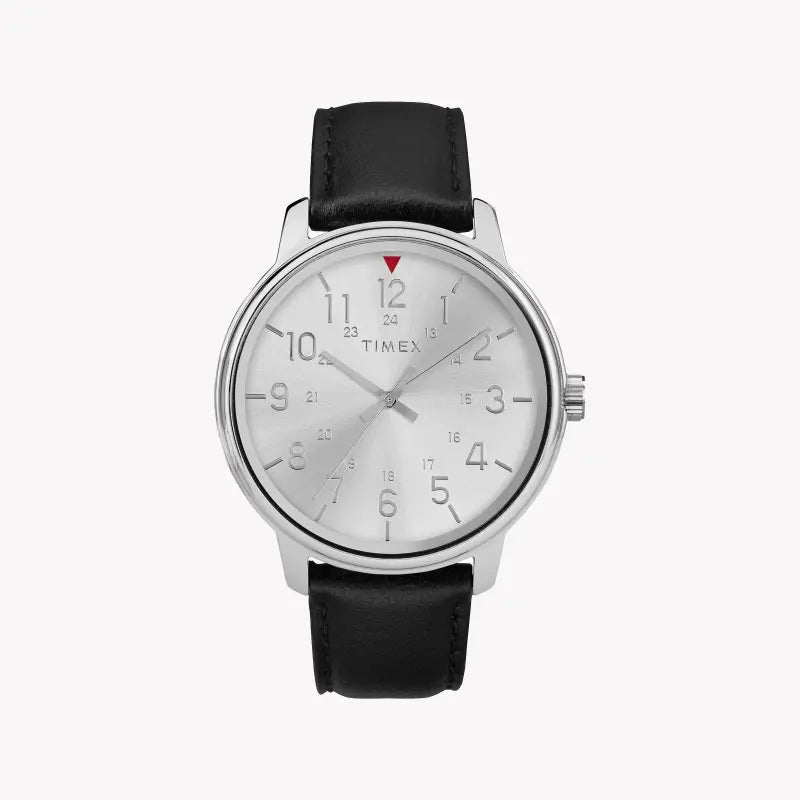 TIMEX MAIN STREET TW2R85300 - ÉLÉGANT CADRAN ARGENT AVEC BRACELET EN CUIR NOIR MONTRE POUR HOMMES