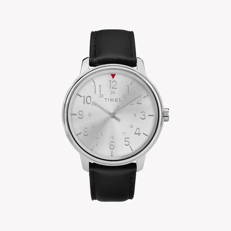 Timex Men's Black Leather Watch, Silver Dial | TW2R85300
