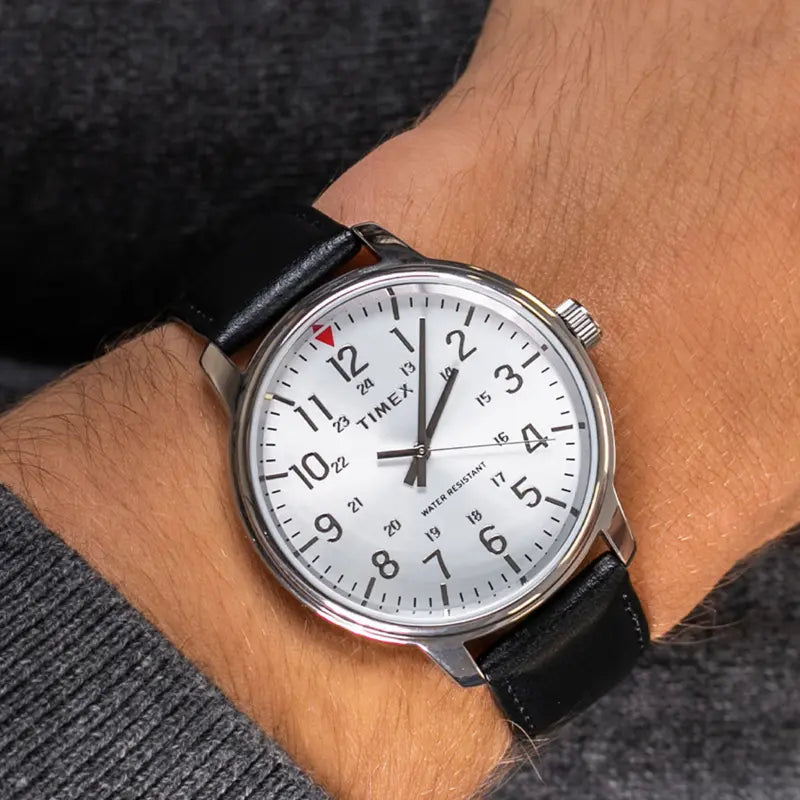Timex Men's Black Leather Watch, Silver Dial | TW2R85300