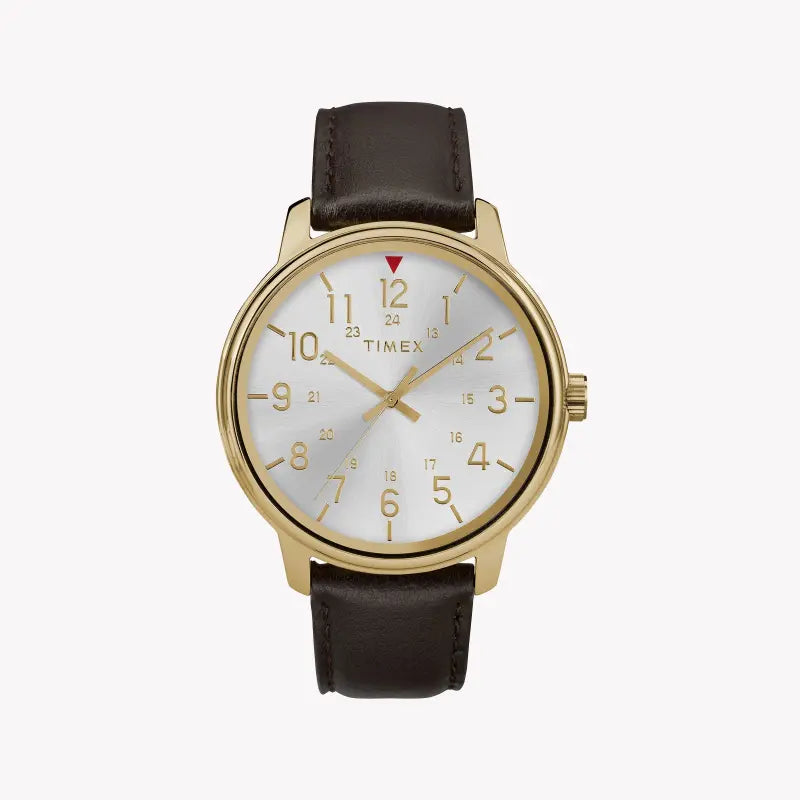 Timex Men's Brown Leather Watch, Silver Dial | Tw2r85600