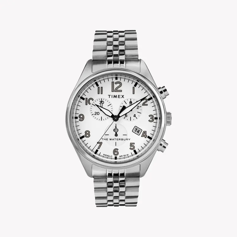 TIMEX HERITAGE WATERBURY TW2R88500 - MONTRE CHRONOGRAPHE HOMME ÉLÉGANTE ARGENT ET BLANC