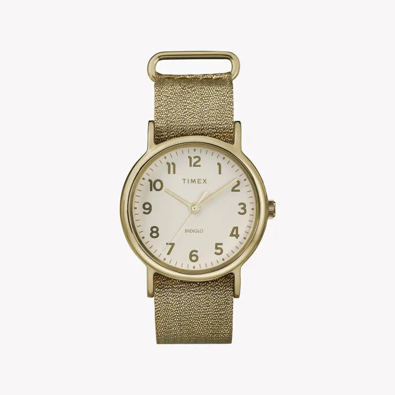 ساعة TIMEX النسائية بهيكل من النحاس الذهبي وسوار من القماش الذهبي