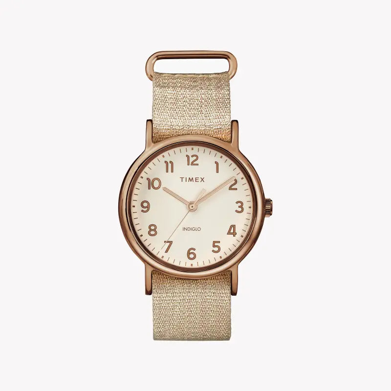 TIMEX Damenuhr mit roségoldenem Messinggehäuse und rosafarbenem Stoffarmband
