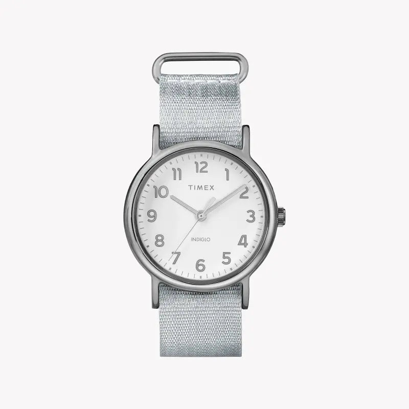 ساعة TIMEX النسائية مع علبة نحاسية فضية وسوار قماش فضي