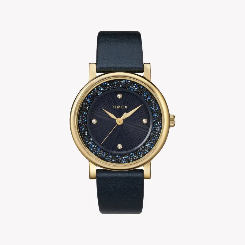 ساعة TIMEX النسائية بهيكل من النحاس الذهبي وسوار جلدي أزرق