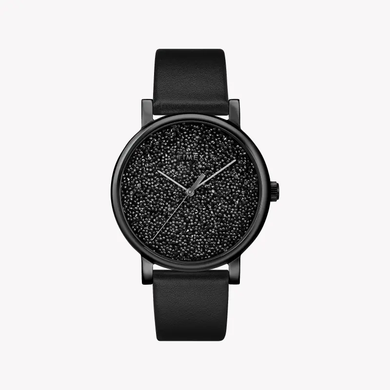 Timex Women's Black Leather Watch, Black Dial | TW2R95100