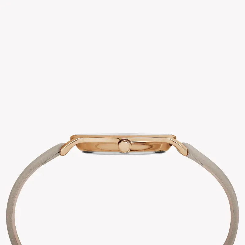 ساعة TIMEX النسائية مع هيكل من النحاس الذهبي الوردي وسوار جلدي رمادي