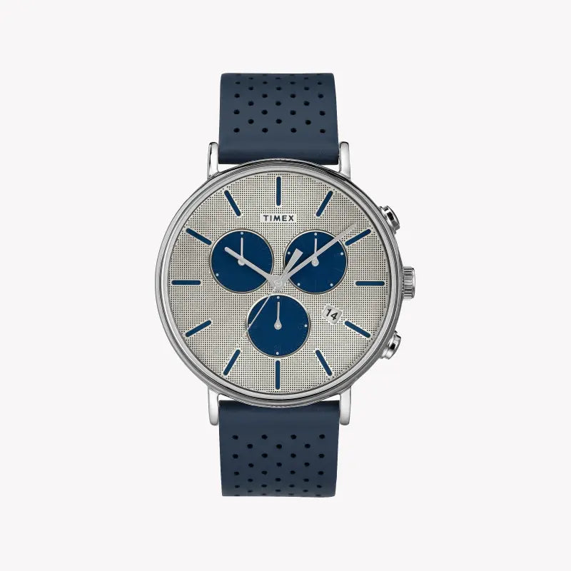 TIMEX Essential Fairfield TW2R97700 - Montre pour homme avec bracelet en cuir bleu et cadran argenté