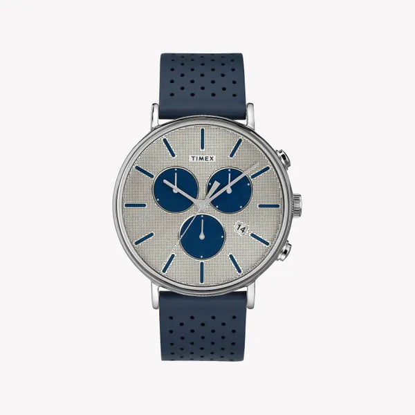 Timex Men's Blue Leather Watch, Silver Dial | Tw2r97700